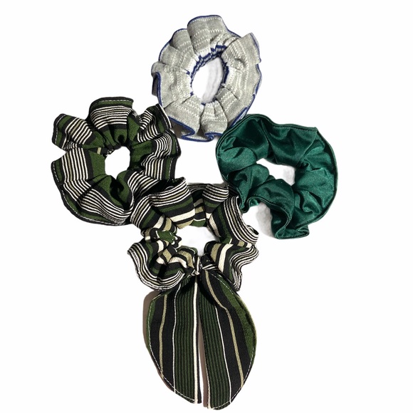 Handmade Scrunchies 4 Pieces Mixed Green Blue Fabrics Handcrafted - Picture 3 of 10